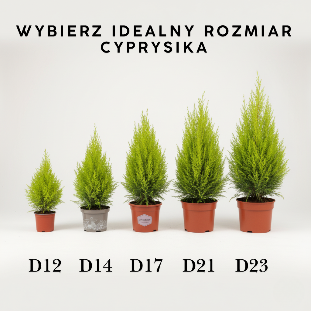 Porównanie pięciu rozmiarów cyprysa 'Goldcrest Wilma' od Ø12 do Ø23 cm
