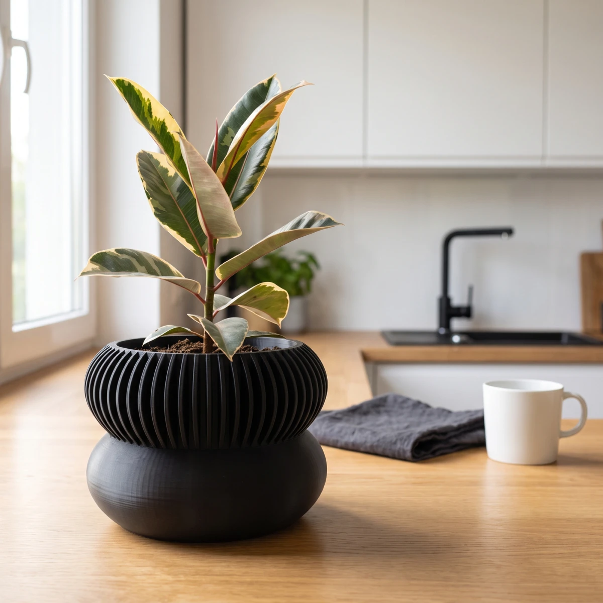 Doniczka Varami 3D, kolor węgiel drzewny, z rośliną w kuchni
