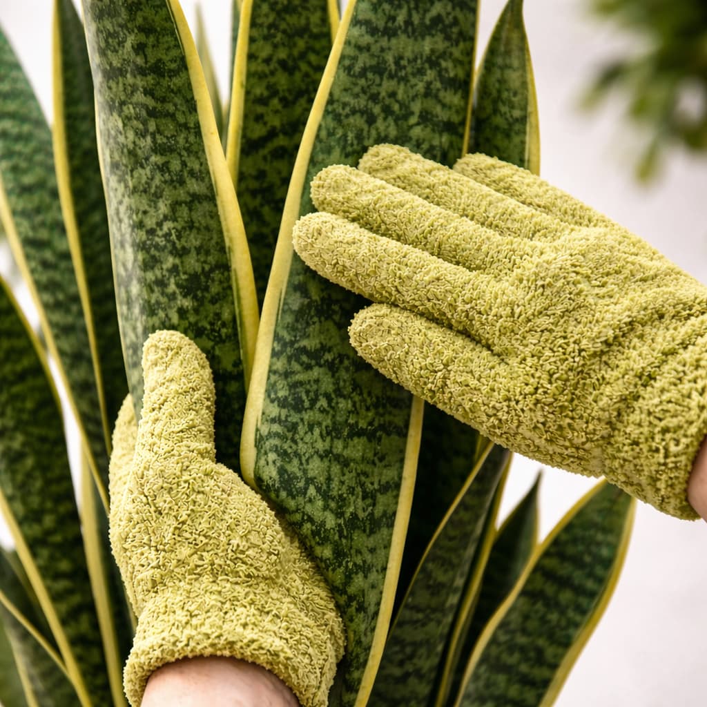 Rękawice z mikrofibry do czyszczenia liści roślin w użyciu